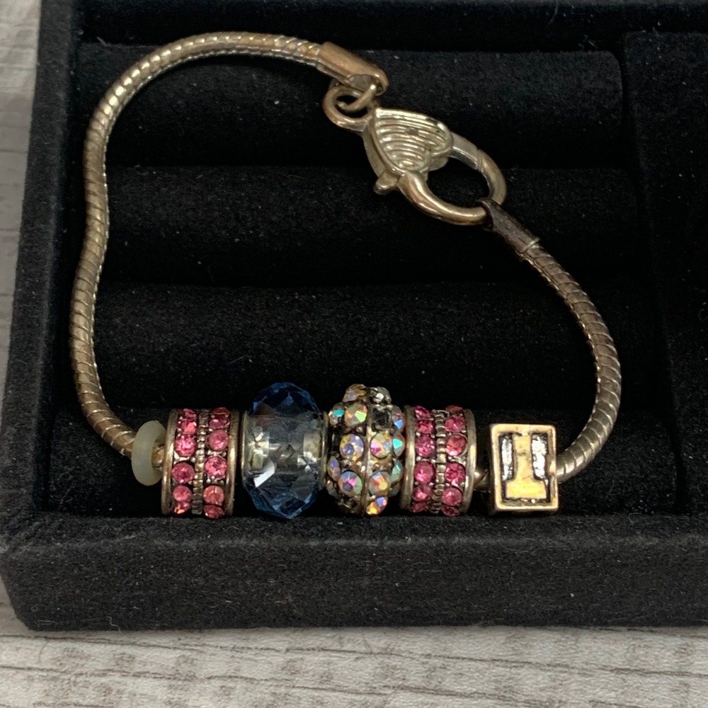 Gold Tone Snake Chain Bracelet Pink Blue Rhinestone Crystal Charms 7 Inch